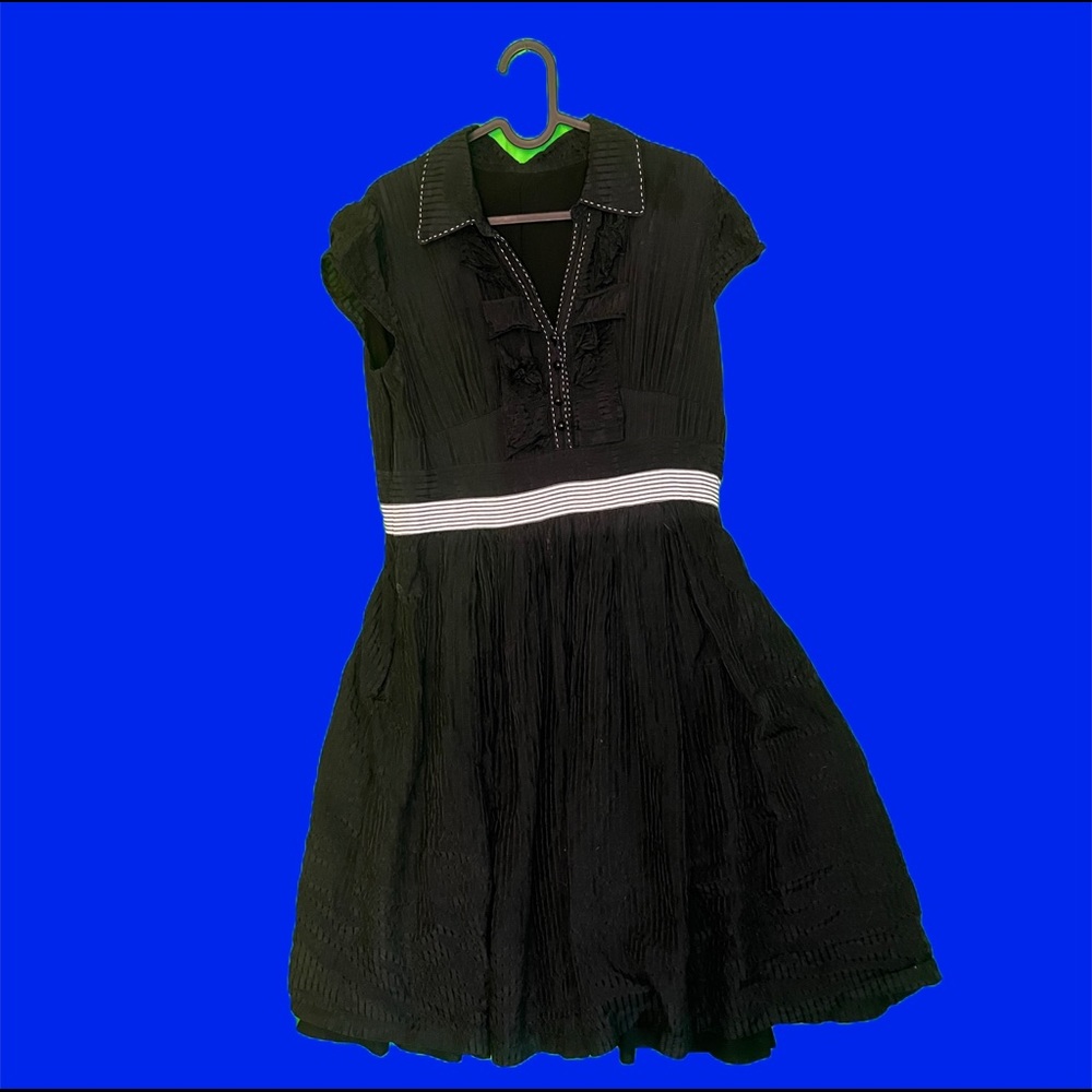 LBD Black Dress With Flared Skirt, Ruffle Sleeves & White Stitching